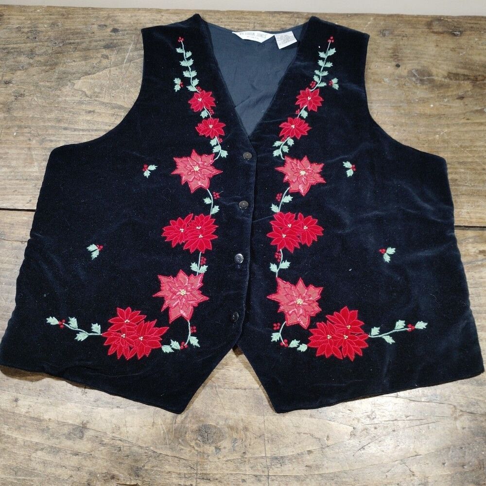 Victoria Jones Vest Womens 18/20 Black Vintage Poinsettia Sequin Christmas Beads